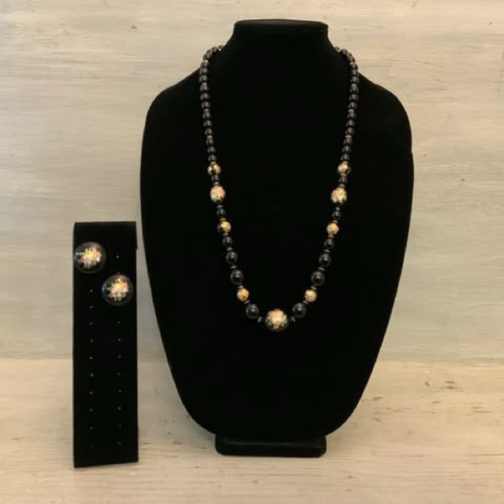 Vintage Black Floral Beaded Necklace & Earringโ Set Good Condition